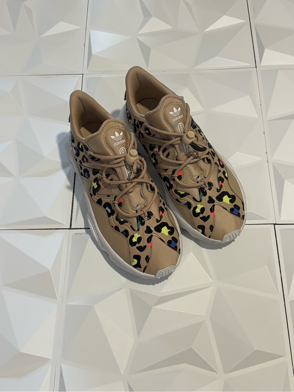 adidas Kids Tan Sneakers with Multicolor Leopard Accents
